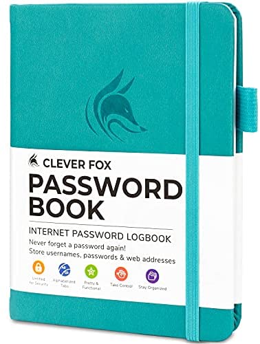 Clever Fox Password Book with tabs. Internet Address and Password Organizer Logbook with alphabetical tabs. Small Pocket Size Password Keeper Journal Notebook for Computer & Website Logins (Turquoise)