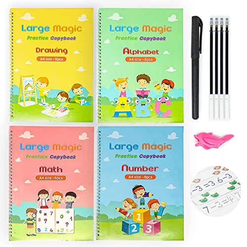 4 Large Magic Practice Copybook For Kids, Reusable Magic Copy Book English- Kindergarten Sight Words, Kids Learning Books,Tracing Book- Magic Pen Included- Help Child With Reading/Math-Letter Writing