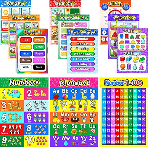 Educational Preschool Poster for Toddler and Kid with Glue Point Dot for Nursery Homeschool Kindergarten Classroom - Teach Numbers Alphabet Colors Days and More 16 x 11 Inch (12 Pieces, English Style)