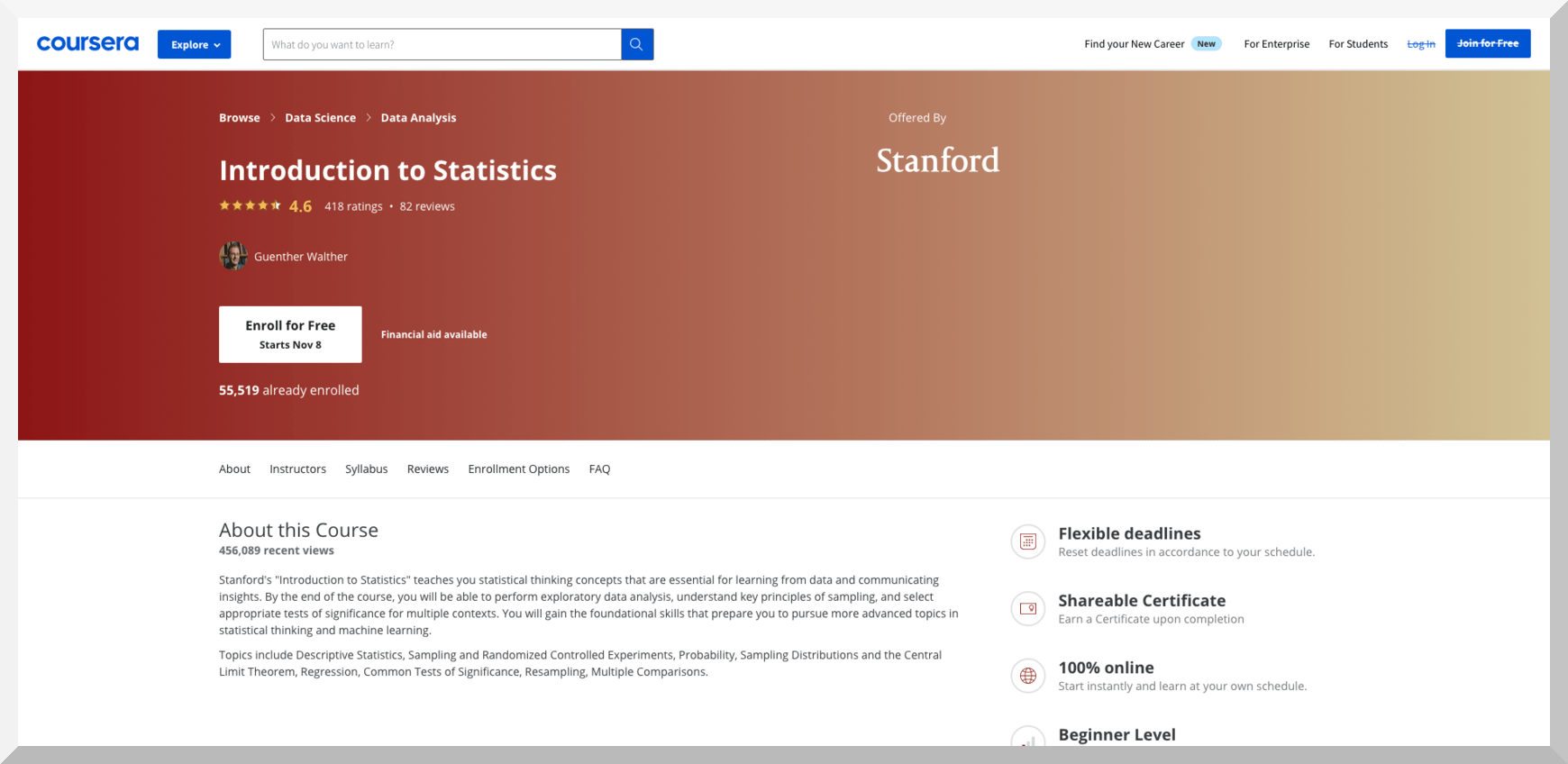Introduction to Statistics by Stanford University – Coursera