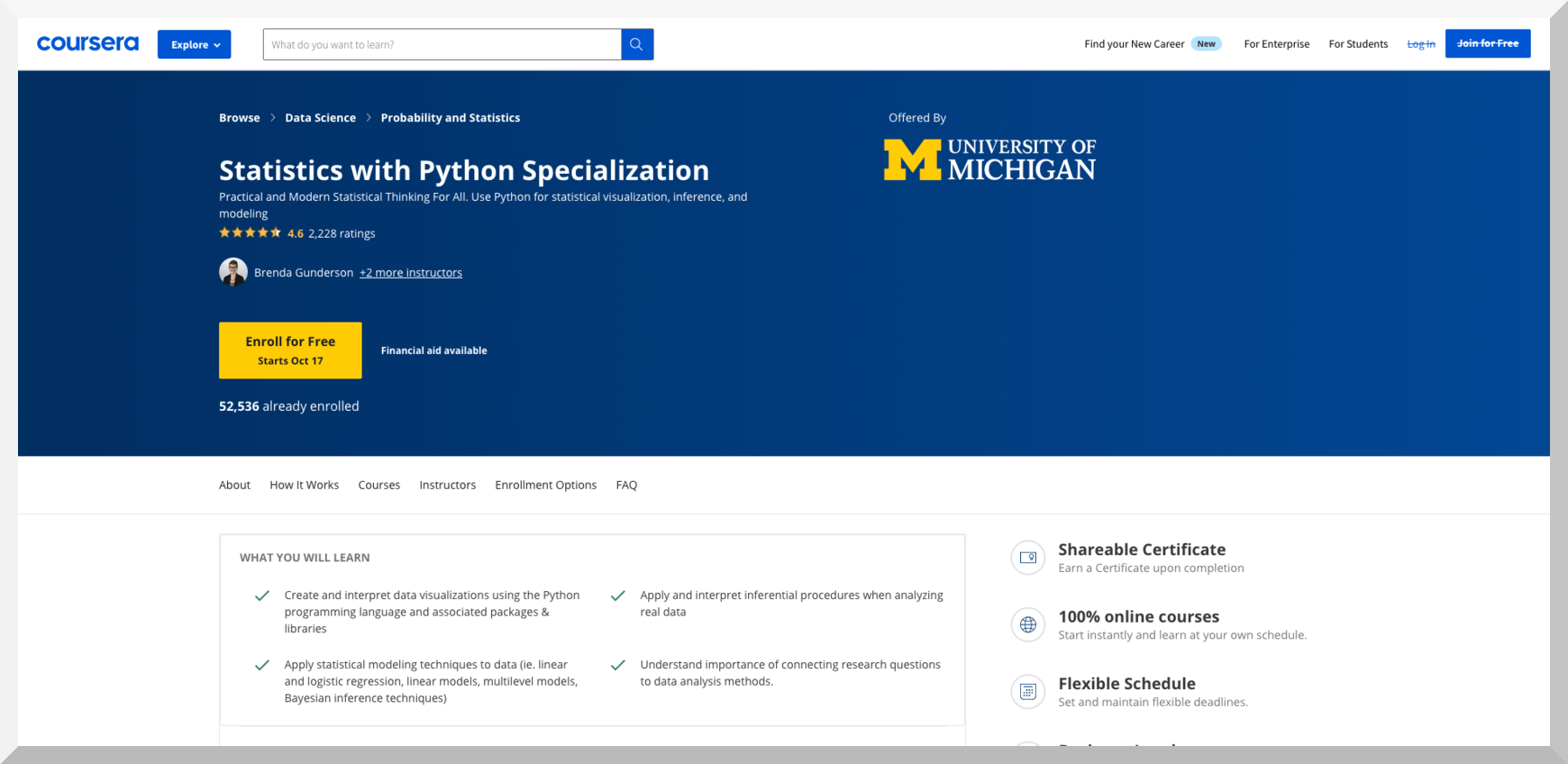 Statistics with Python Specialization by University of Michigan – Coursera