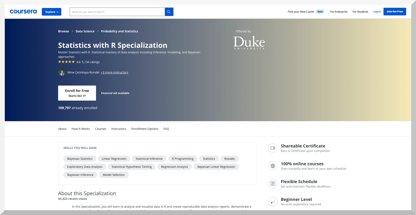 Statistics with R Specialization by Duke University – Coursera
