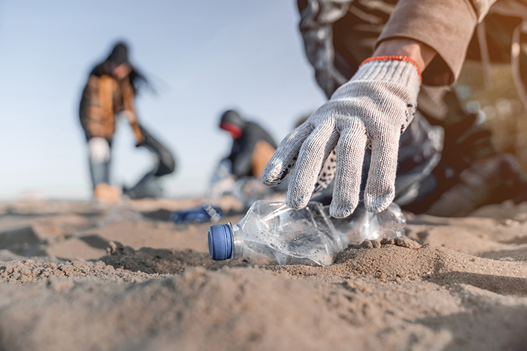A person's gloved hand reaches toward a discarded plastic water bottle on the ocean sand, with other people in the background also involved in the cleanup effort. Environmental and natural resource option in Oregon State's sociology bachelor's degree program.