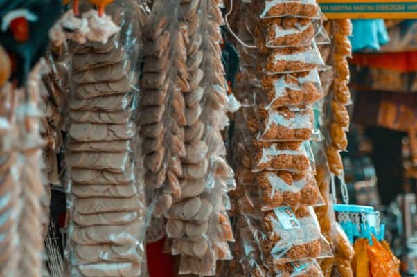 Snacks in plastic for sale at a market in Kerala 